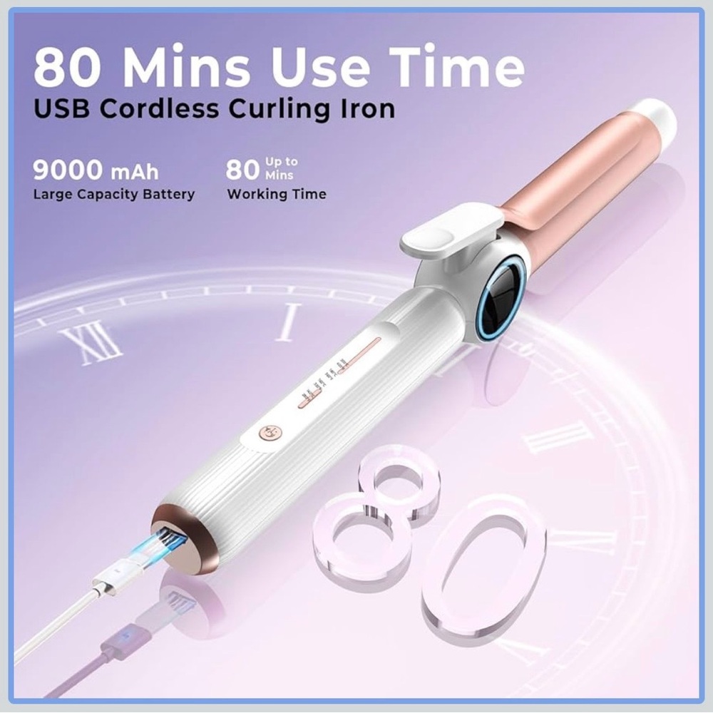 Cordless Curling Iron 9000 mAhUSB Rechargeable, 4 Temps